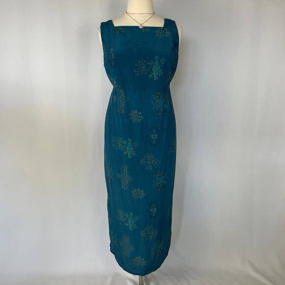 Boho Maxi Dress Plus Size 1X Blue Brocade Print Pure Silk Sleeveless Hippie Vtg - Picture 2 of 16